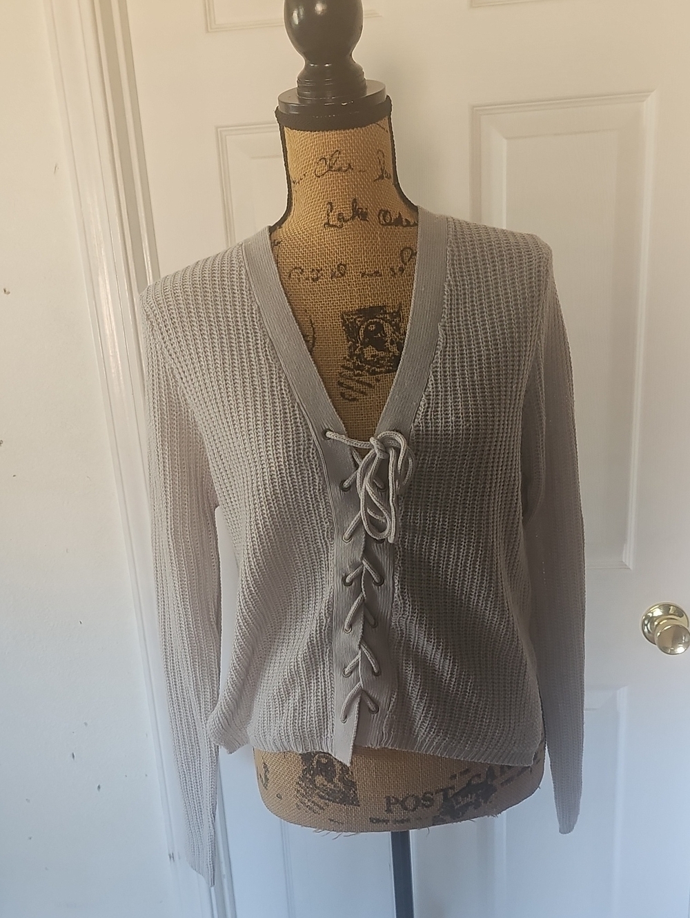 Women's Taupe Lace-Up V-Neck Waffle Knit Sweater